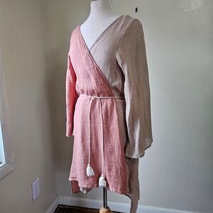 TOUCHE Colorblock Pink Mauve 100% Linen Wrap Robe Tassels Tie Waist Midi L